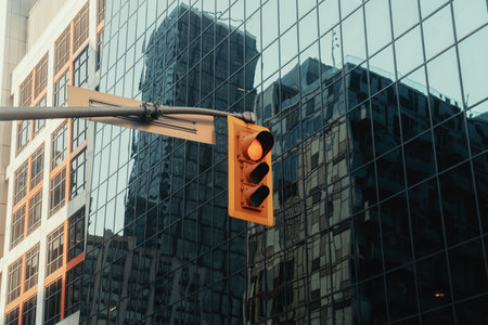 Bright yellow traffic lights in the center of Toronto. Ontarioの写真素材