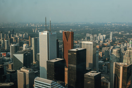 Skyscrapers in the center of Toronto. Ontario on sunny day, aerial shot