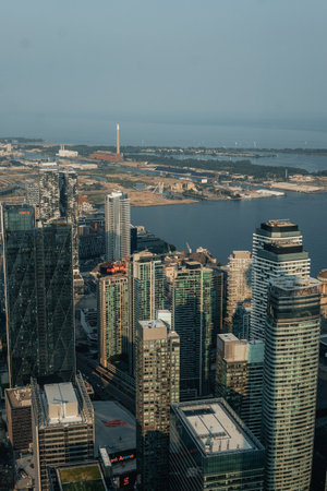 Aerial view of the city of Toronto and Lake Ontario from the CN Towerの写真素材