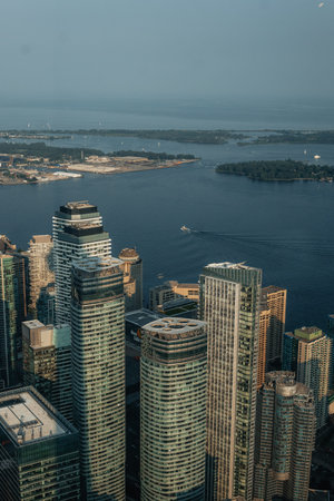 Aerial shot of Toronto city coastline along Lake Ontario on sunny summer day
