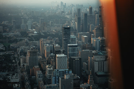 Aerial shot of buildings in the center of Toronto, Ontario from CN Tower windowの写真素材