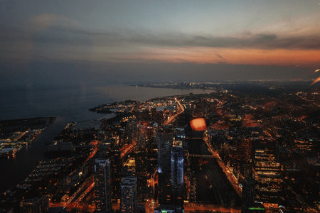 Dusk over Toronto Ontario, aerial shotの写真素材