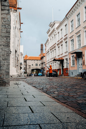 Street in the old town on cloudy day in autumn in Tallinn, Estoniaの写真素材