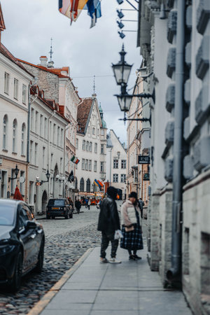 Road in the old town in Tallinn, Estonia on cloudy autumn dayの写真素材