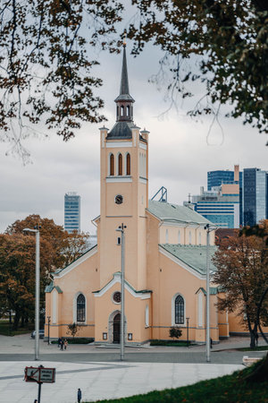 St John's church outside the old town in autumn in Tallinn, Estoniaの写真素材