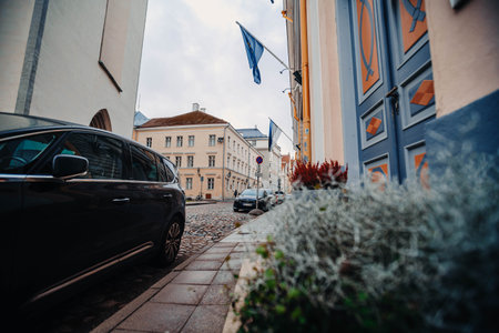 EU and Estonia flags above old town street in Tallinn, Estoniaの写真素材