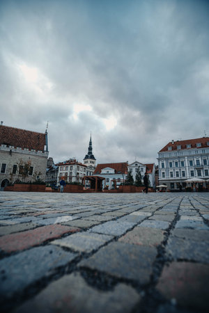 Old town cobbled square on cloudy autumn day in Tallinn, Estoniaの写真素材