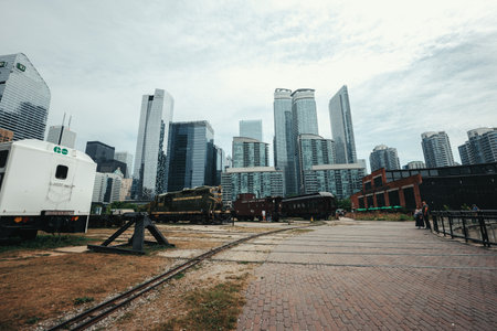 Skyline of Toronto, Ontario with skyscrapers under cloudy skyの写真素材