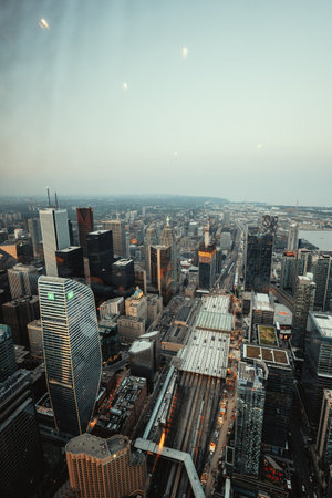 Toronto, Ontario city skyline, shot from the CN Tower at duskの写真素材