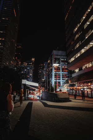 View down street at night outside in Toronto, Ontarioの写真素材