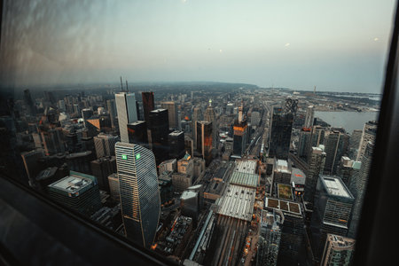 Toronto Union train station in Ontario, shot from the CN Towerの写真素材