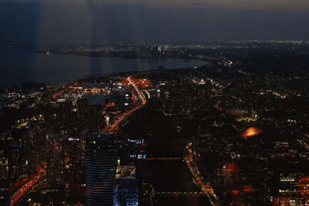 Aerial shot of Toronto, Ontario city skyline at nightの写真素材