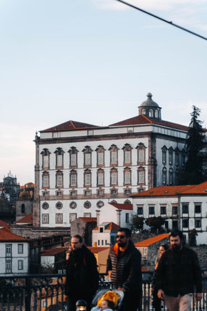 Porto Palace at sunset, shot from Dom Luis I bridge in Porto, Portugalの写真素材