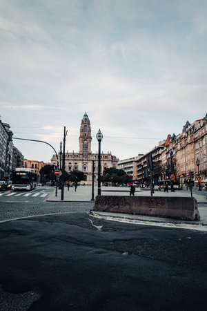 Aliados with city hall at sunset in Porto, Portugalの写真素材