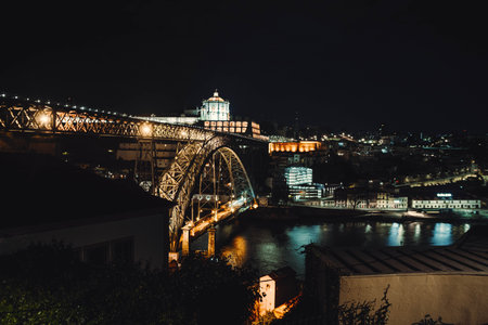 Landscape shot of Ponte Dom Luis I bridge at night in Porto, Portugal