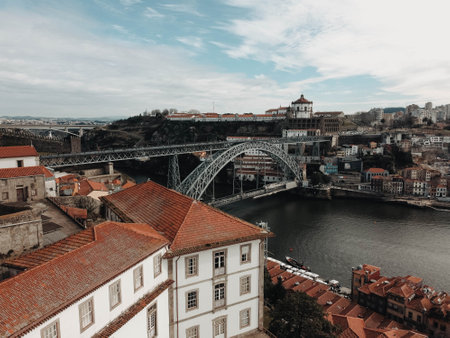 Aerial shot of the Ponte Dom Luis I bridge in Porto, Portugalの写真素材