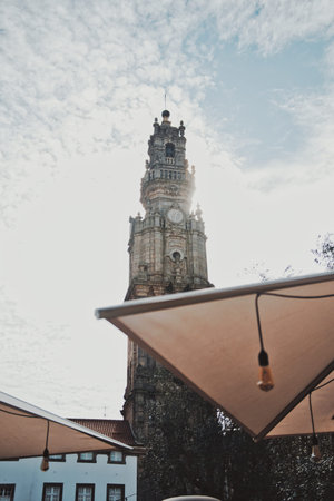 Clerigos Tower above umbrella in Porto, Portugal
