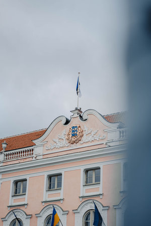 Pink building in Tallinn, Estonia old townの写真素材