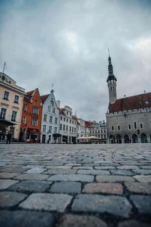 City hall, colourful houses and old town square in Tallinn, Estoniaの写真素材