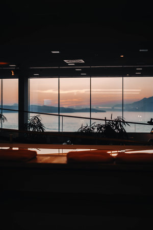 View of Dubrovnik, Croatia coastline at sunset from fancy hotel windowの写真素材