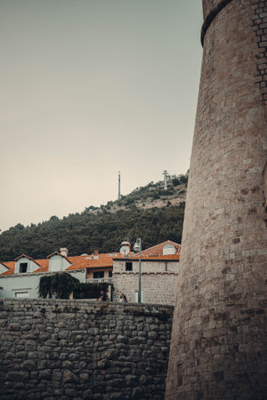 Cable car up the hill outside Dubrovnik at sunsetの写真素材
