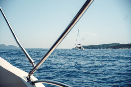 Small yacht on the sea outside Dubrovnik, Croatia in summerの写真素材