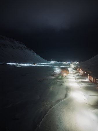 Drone shot of Longyearbyen in the Polar Night in winter in Svalbardの写真素材
