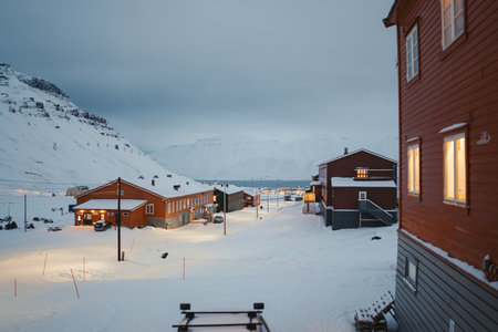 View down to Longyearbyen, Svalbard from Nybyen in the arctic circleの写真素材