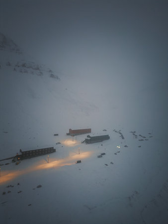 Nybyen neighbourhood buildings from above in winter in Longyearbyen, Svalbardの写真素材