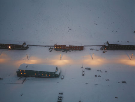 Hostel in Nybyen neighbourhood of Longyearbyen, Svalbard in snowy winterの写真素材
