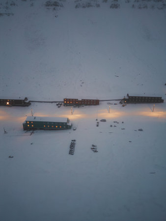 Snowy hostel in winter in Nybyen area of Longyearbyen, Svalbardの写真素材