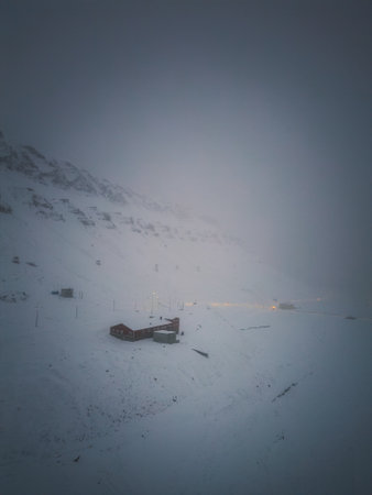 Building in the winter snow in Longyearbyen, Svalbard, aerial viewの写真素材