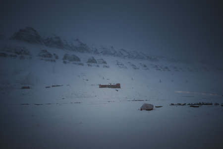 Building on the side of snowy mountain in the arctic in Longyearbyen, Svalbardの写真素材