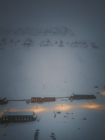 Cabins in Nybyen in the snow from above in Longyearbyen, Svalbard winterの写真素材