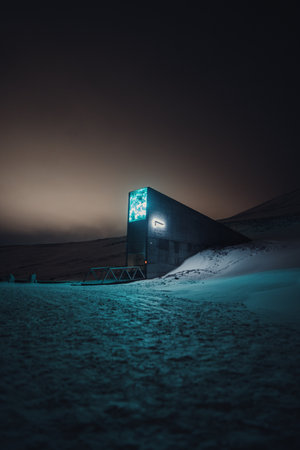 The building at night in the snow in Longyearbyen, Svalbardの写真素材