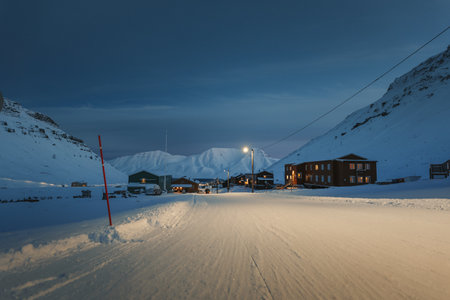 Polar night view from Nybyen to Longyearbyen, Svalbard in winterの写真素材