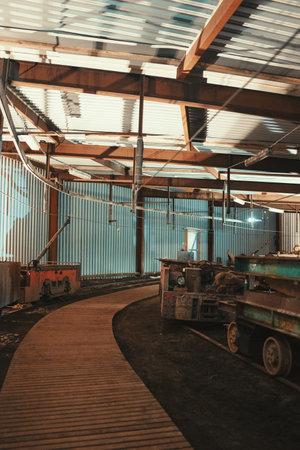 Walkway past machinery in coal mineshaft in Longyearbyen, Svalbardの写真素材