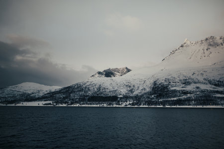 Lyngen Alps snowy view from boat on fjord in arctic Norwayの写真素材