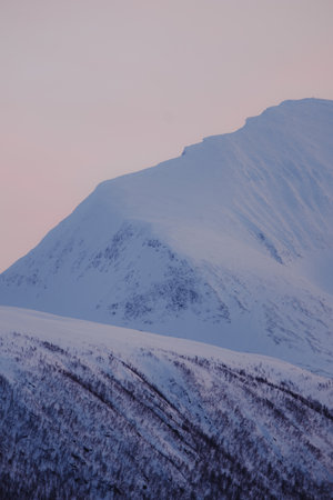 Snowy Tromsdalstinden mountain against pink sky in Tromso, Norwayの写真素材
