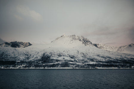 Arctic mountains view, the Lyngen Alps in northern Norway, shot from boatの写真素材