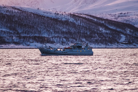 Fishing boat at sunset on the arctic ocean in northern Norway Lyngen Alps winterの写真素材