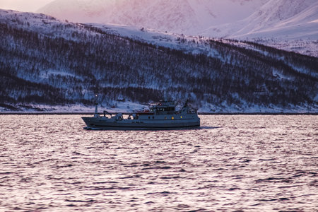 Boat at sunset on the arctic ocean in northern Norway, Lyngen Alps in winterの写真素材