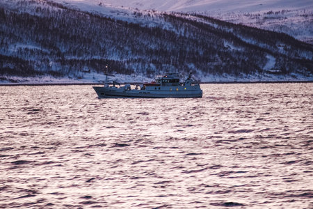 Fishing boat at sunset on the arctic ocean in northern Norway, Lyngen Alpsの写真素材