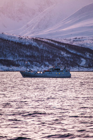 Fishing boat at sunset on the arctic ocean in northern arctic Norway