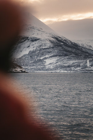 Fjord next to snowy Lyngen Alps at sunset in northern Norway arctic winterの写真素材