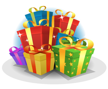 Illustration of a cartoon pack of happy birthday and anniversary gifts and present box Illustration of a cartoon pack of happy birthday and anniversary gifts and present box