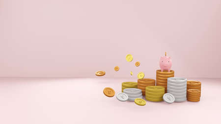 Piggy bank and Gold coins finance income business money success Goal. Illustration pattern wallpaper for backdrop background. Business brochure cover wed design. Isolated on white background. 3D Rendeの写真素材