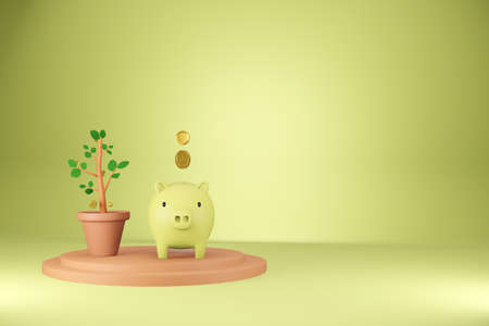 Piggy bank and Gold coins finance income business money success Goal. Illustration pattern wallpaper for backdrop background. Business brochure cover wed design. Isolated on white background. 3D Rendeの写真素材