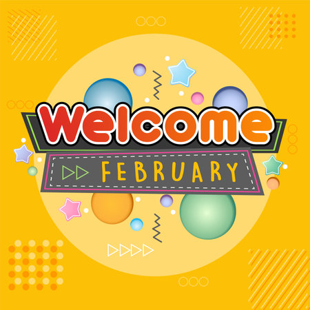 Welcome to February. Vector for greetings, new moon on yellow backgroundのイラスト素材