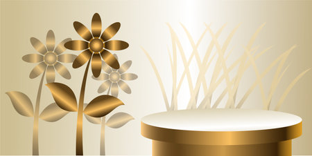 Golden 3d cylinder set front view and level isolated on light cream color with flower background.のイラスト素材
